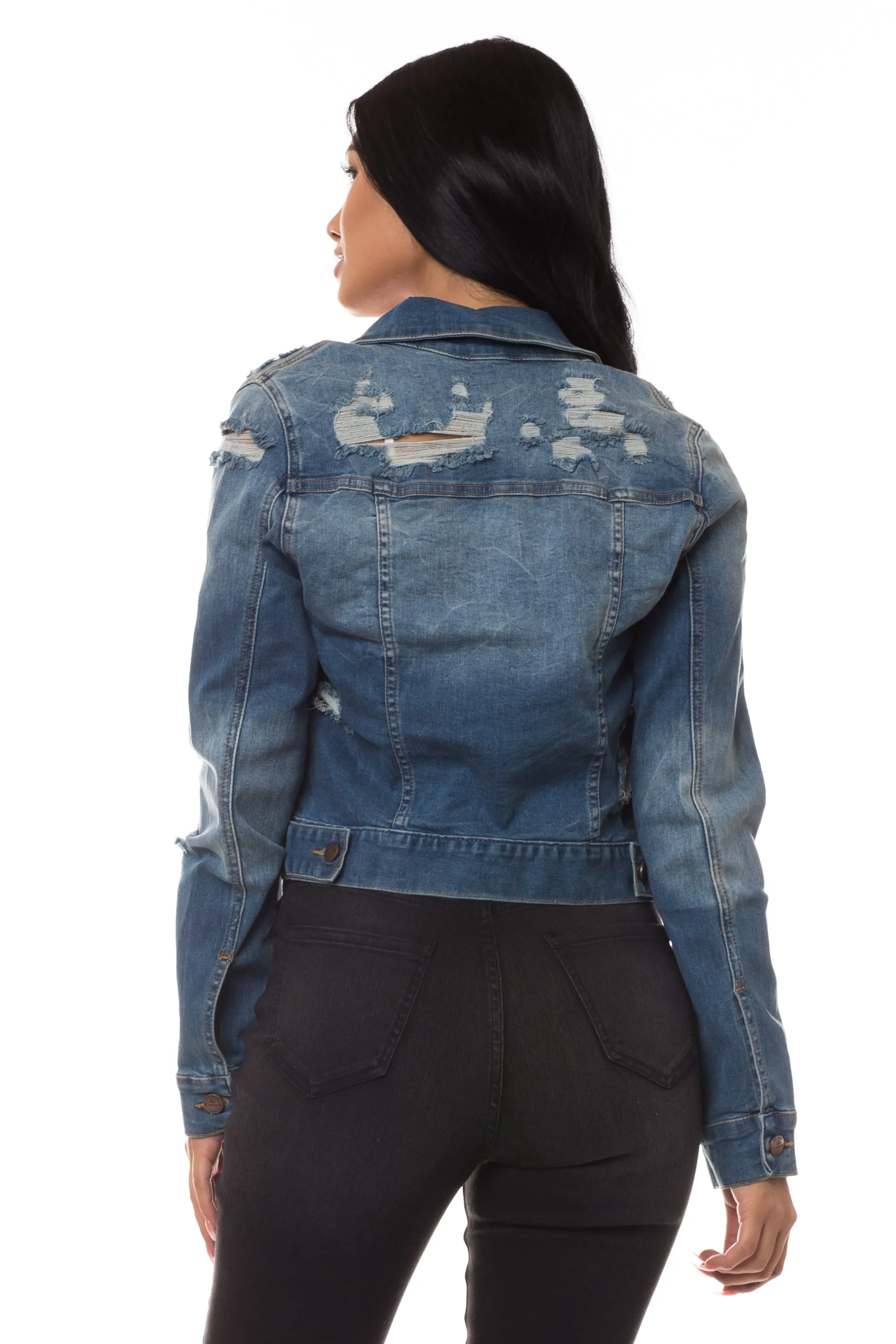 8022 Women's Cropped Distressed Denim Jacket