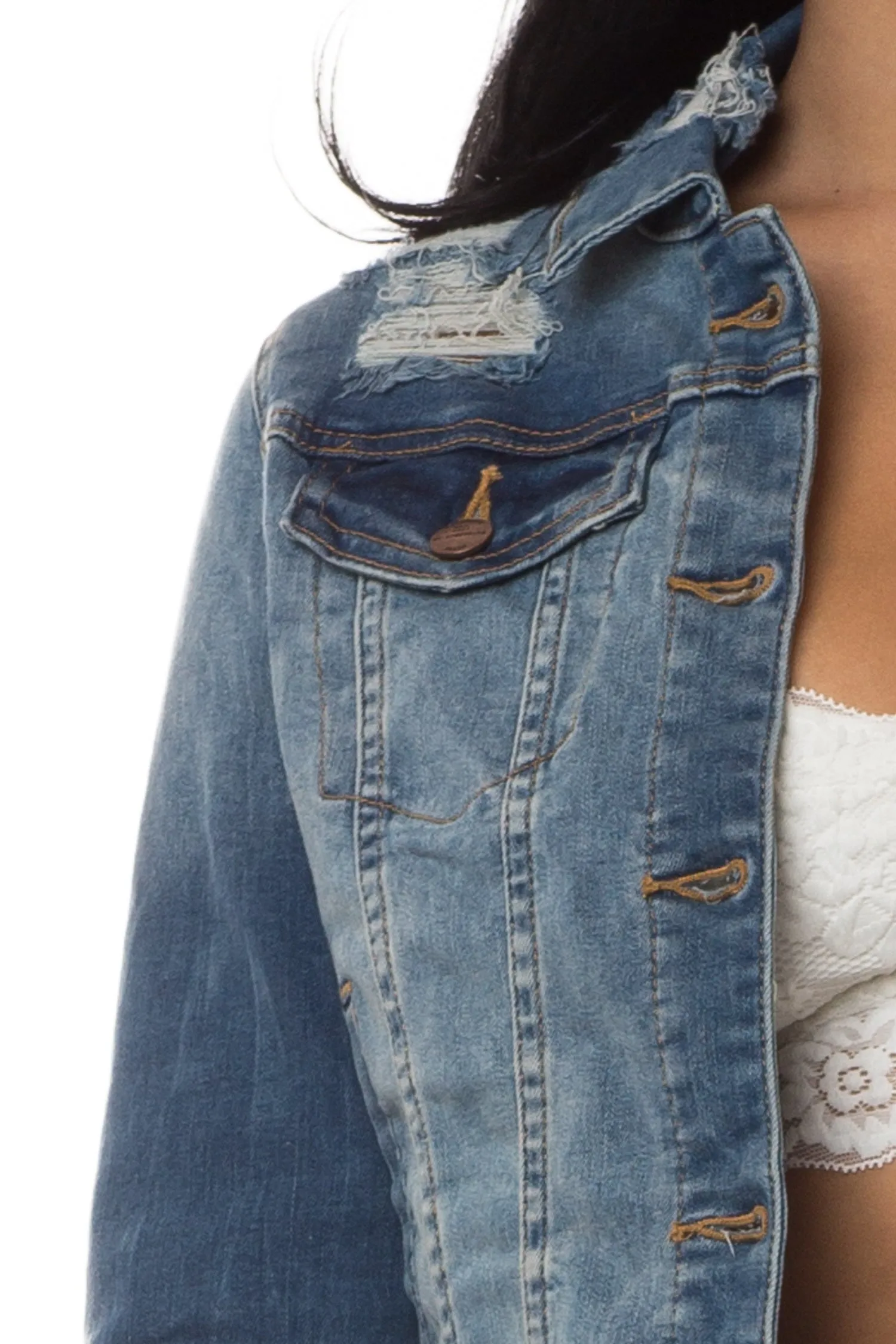 8022 Women's Cropped Distressed Denim Jacket