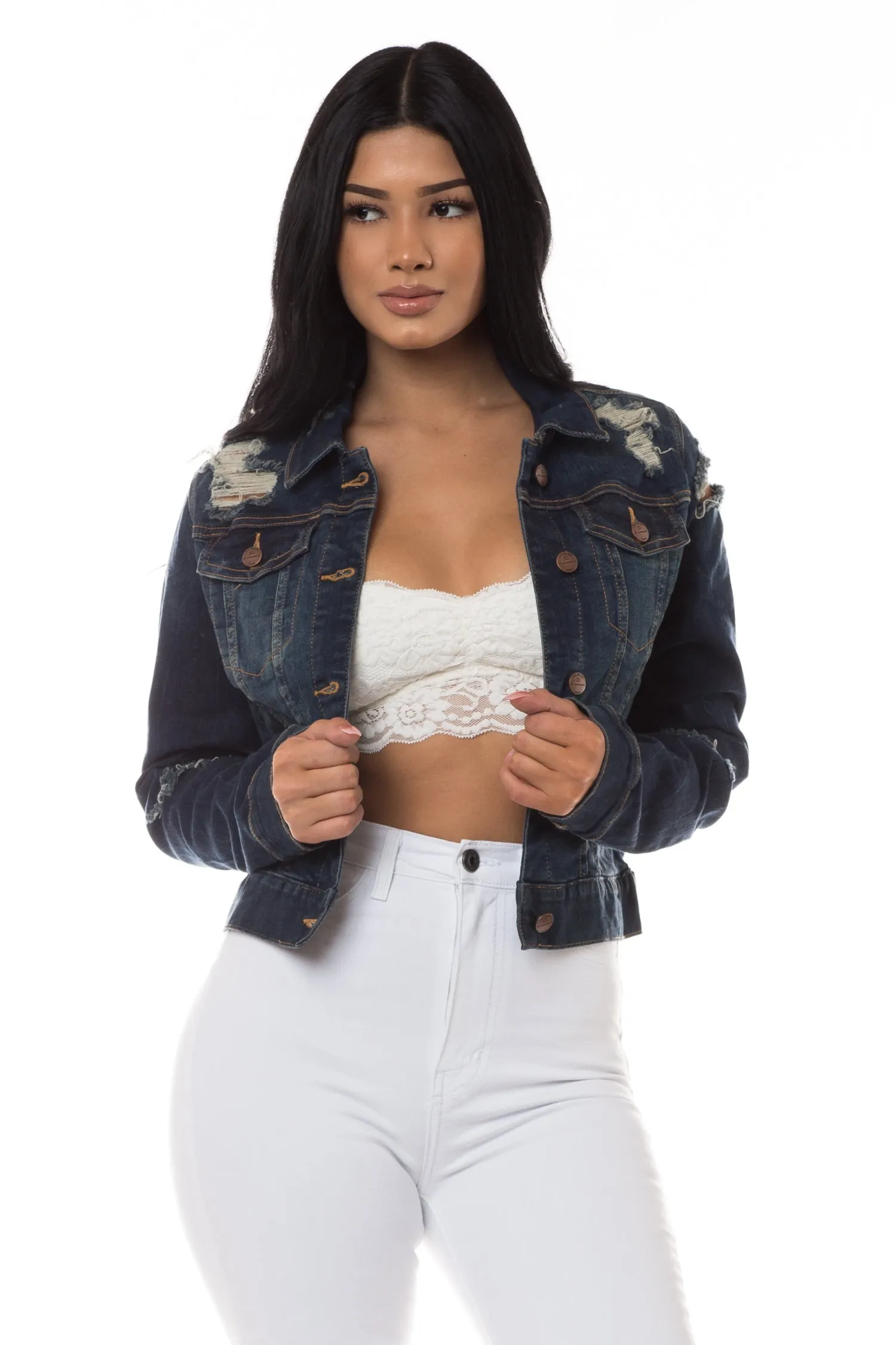 8022 Women's Cropped Distressed Denim Jacket