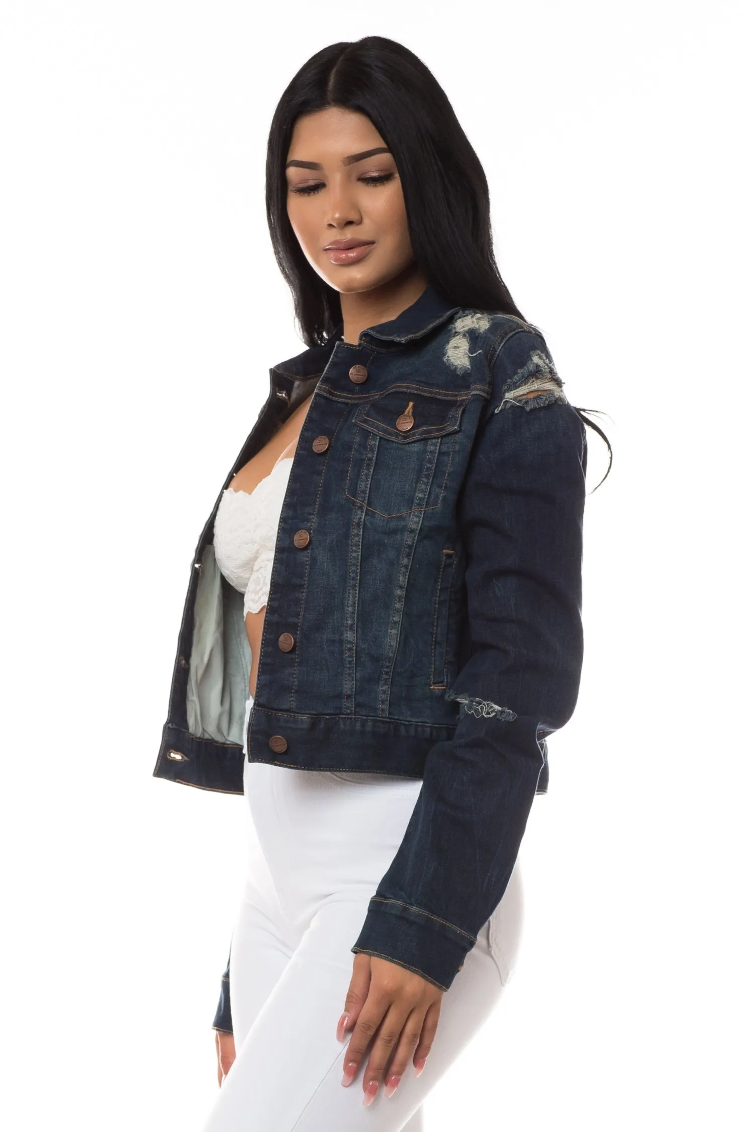 8022 Women's Cropped Distressed Denim Jacket