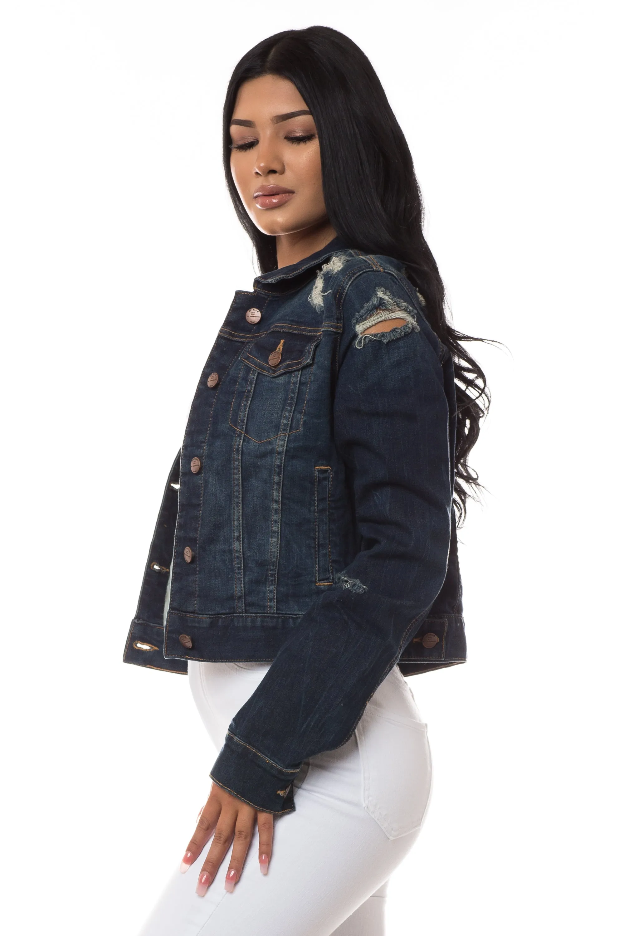 8022 Women's Cropped Distressed Denim Jacket