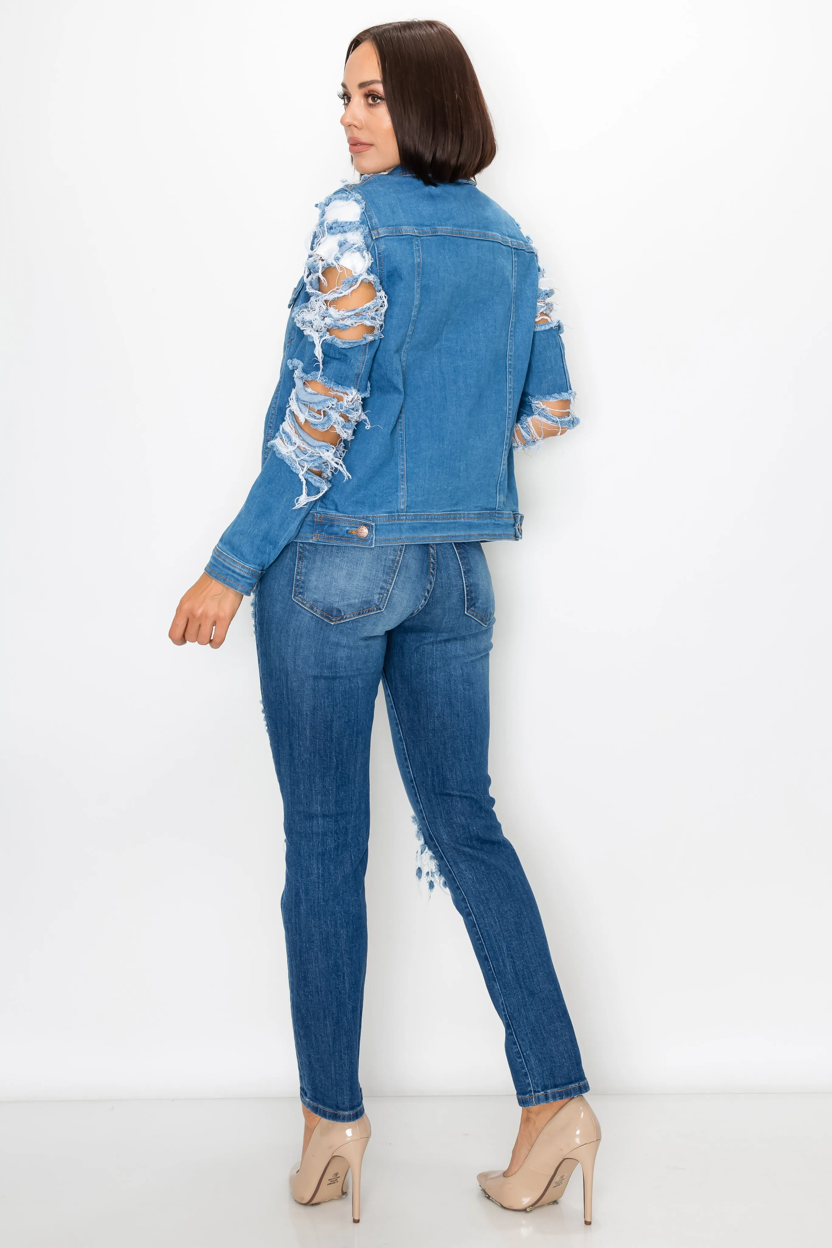 8109 Women's Button Up Denim Jacket with Destroyed Sleeve