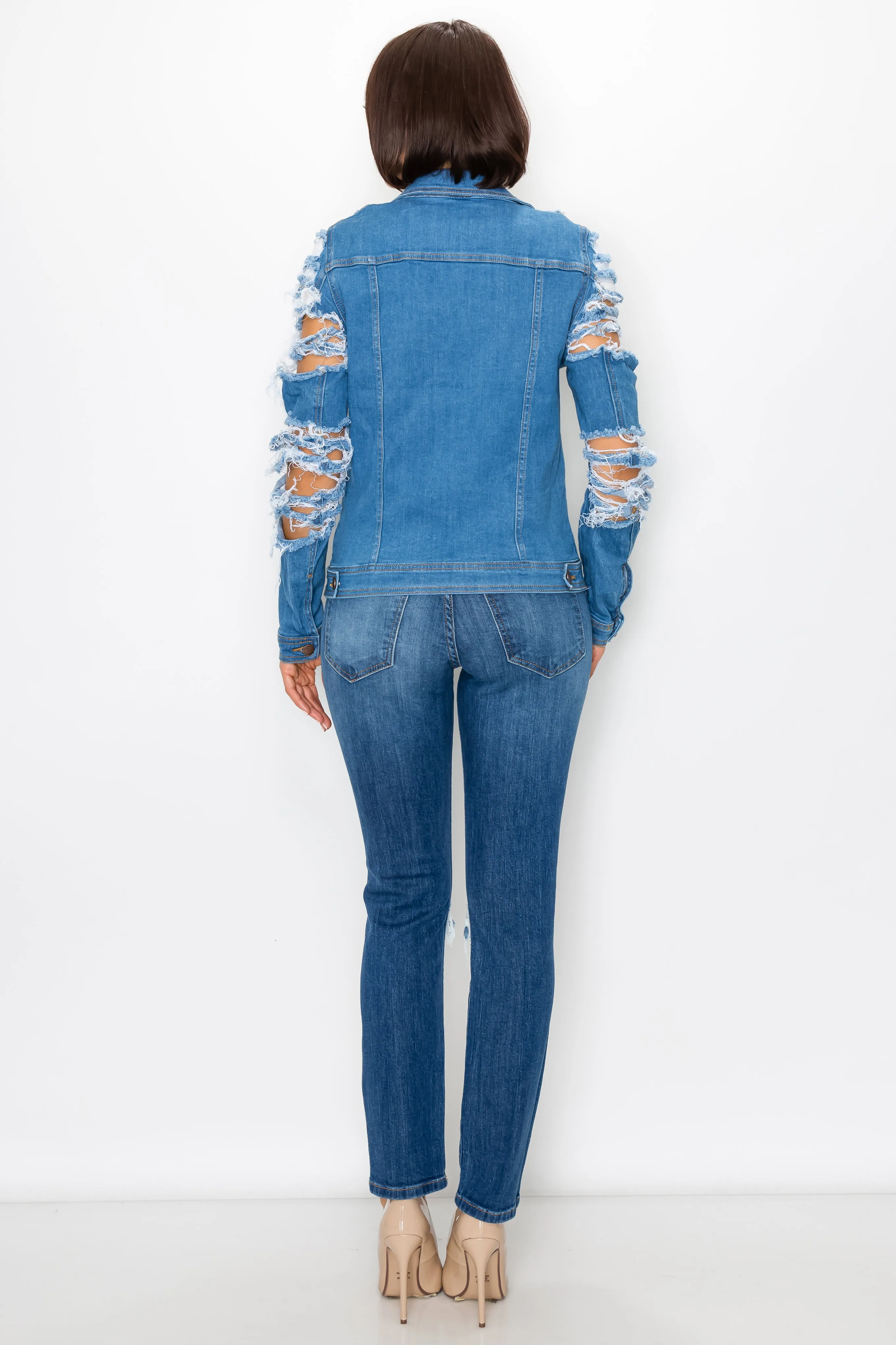 8109 Women's Button Up Denim Jacket with Destroyed Sleeve