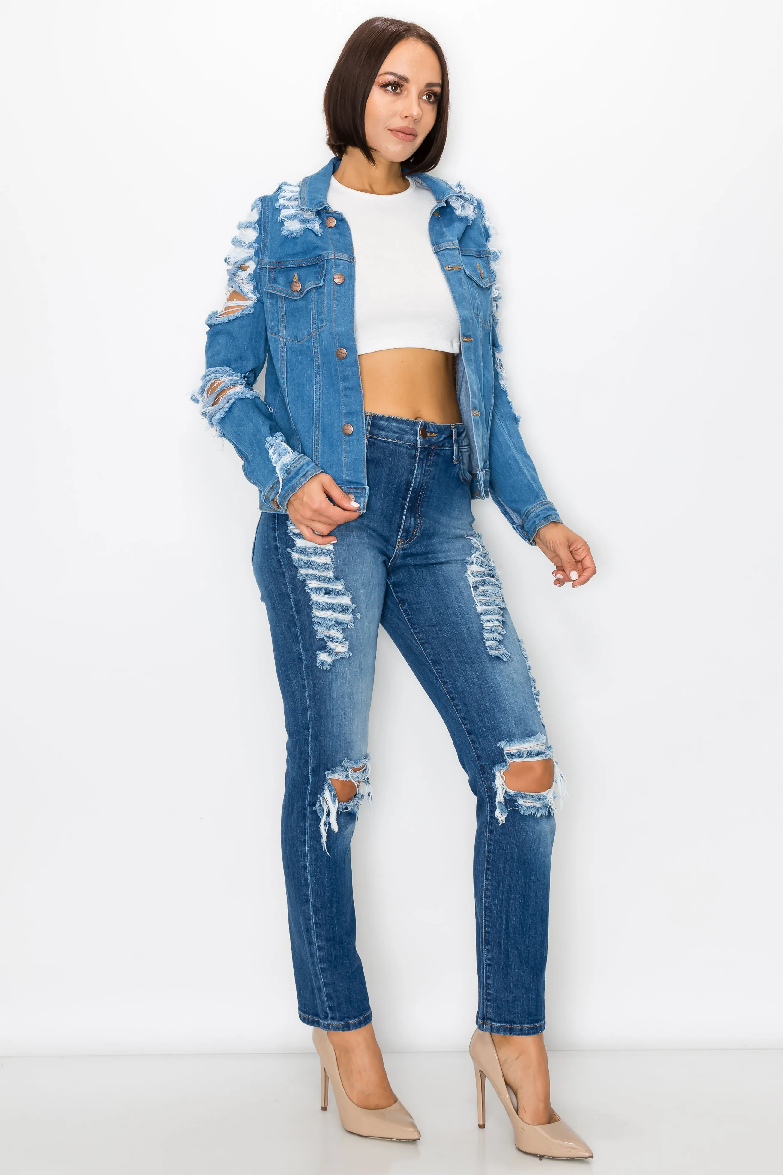 8109 Women's Button Up Denim Jacket with Destroyed Sleeve