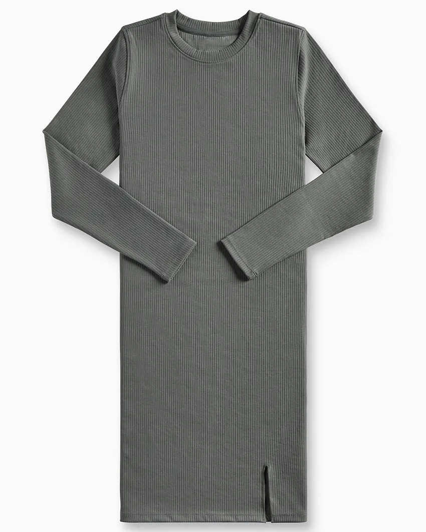 Rib Long Sleeve Split Hem Dress